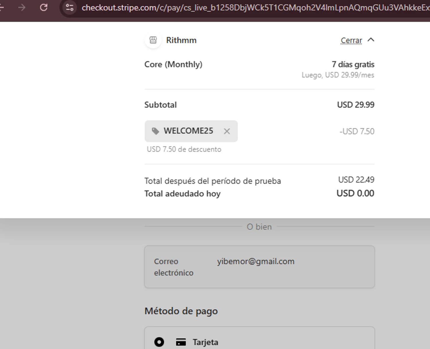 Rithmm AI promo code screenshot showing code welcome25 applied at Rithmm AI checkout page. Uploaded by SimplyCodes community member bebitafiufuiuww on Sep 30, 2025