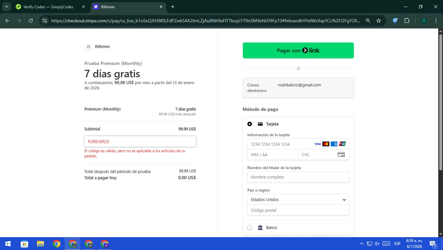 Rithmm AI checkout page showing Rithmm AI promo code box | Screenshot taken by SimplyCodes community member on Jan 6, 2026