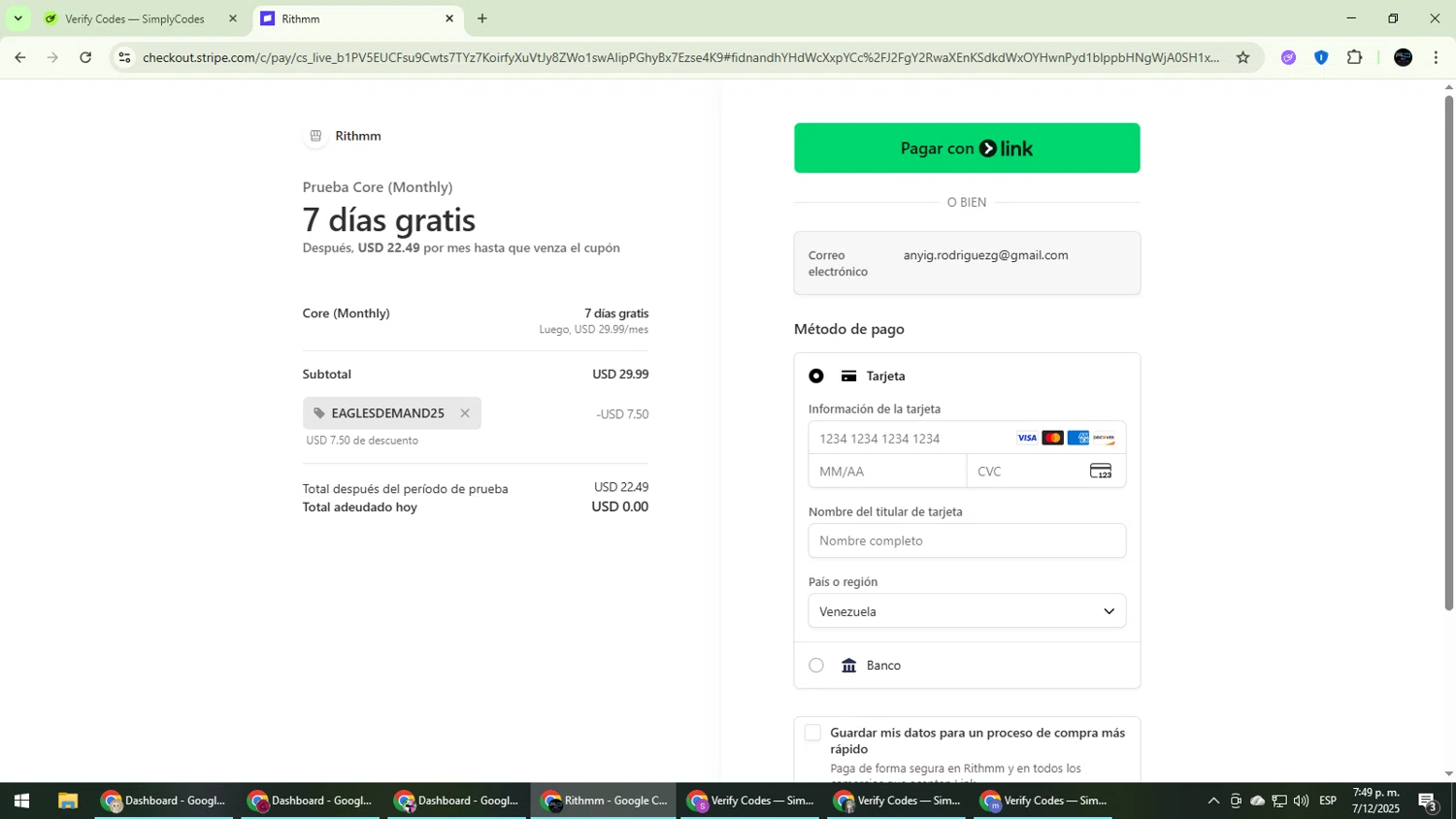 Rithmm AI promo code screenshot showing code EAGLESDEMAND25 applied at Rithmm AI checkout page. Uploaded by SimplyCodes community member CarmenVGR on Dec 7, 2025