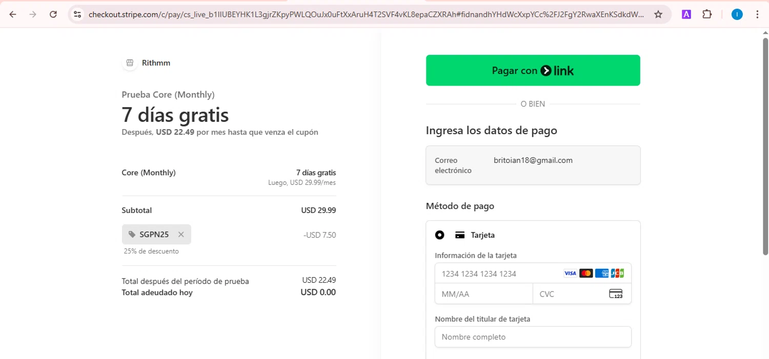 Rithmm AI checkout page showing Rithmm AI promo code box | Screenshot taken by SimplyCodes community member on Feb 4, 2026