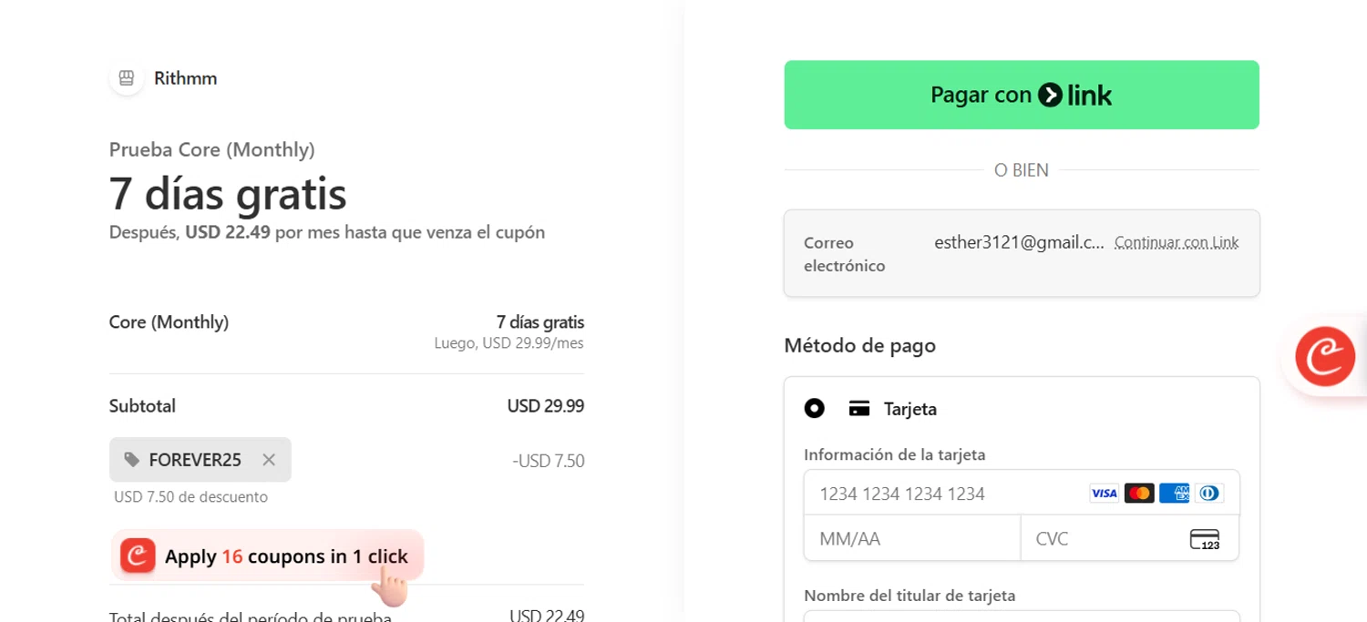 Rithmm AI promo code screenshot showing code FOREVER25 applied at Rithmm AI checkout page. Uploaded by SimplyCodes community member ESTHER3121 on Dec 7, 2025