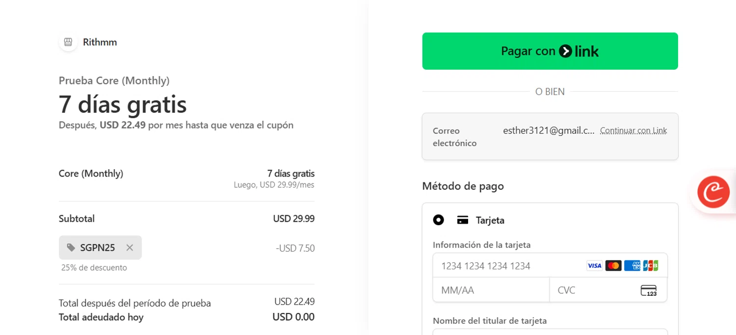 Rithmm AI promo code screenshot showing code SGPN25 applied at Rithmm AI checkout page. Uploaded by SimplyCodes community member ESTHER3121 on Dec 7, 2025