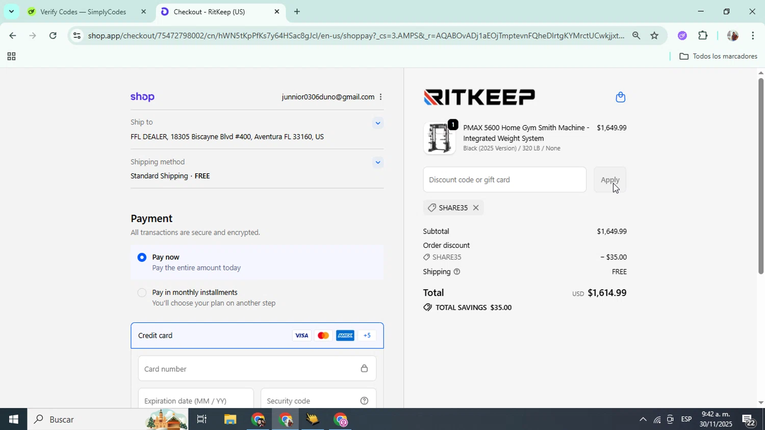 RitKeeps promo code screenshot showing code SHARE35 applied at RitKeeps checkout page. Uploaded by SimplyCodes community member Mujerdejunnior on Nov 30, 2025