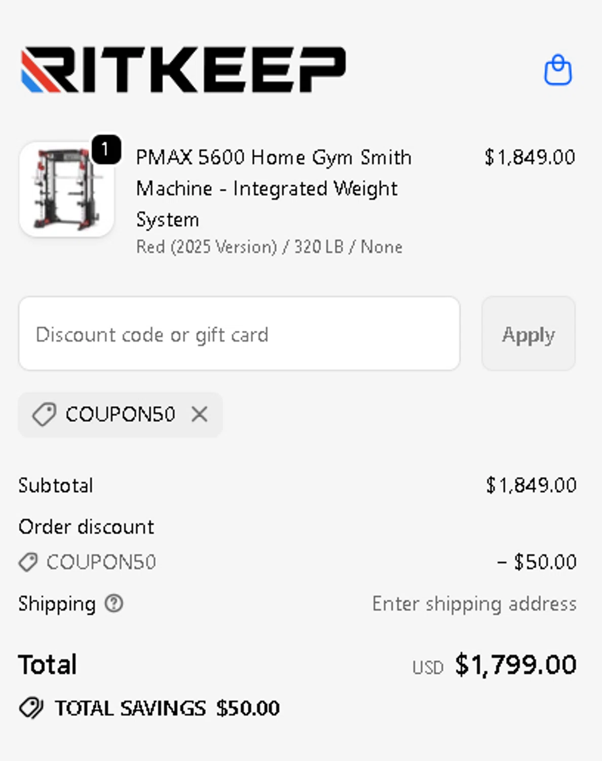 RitKeeps promo code screenshot showing code COUPON50 applied at RitKeeps checkout page. Uploaded by SimplyCodes community member RebateKnight7691 on Nov 15, 2025