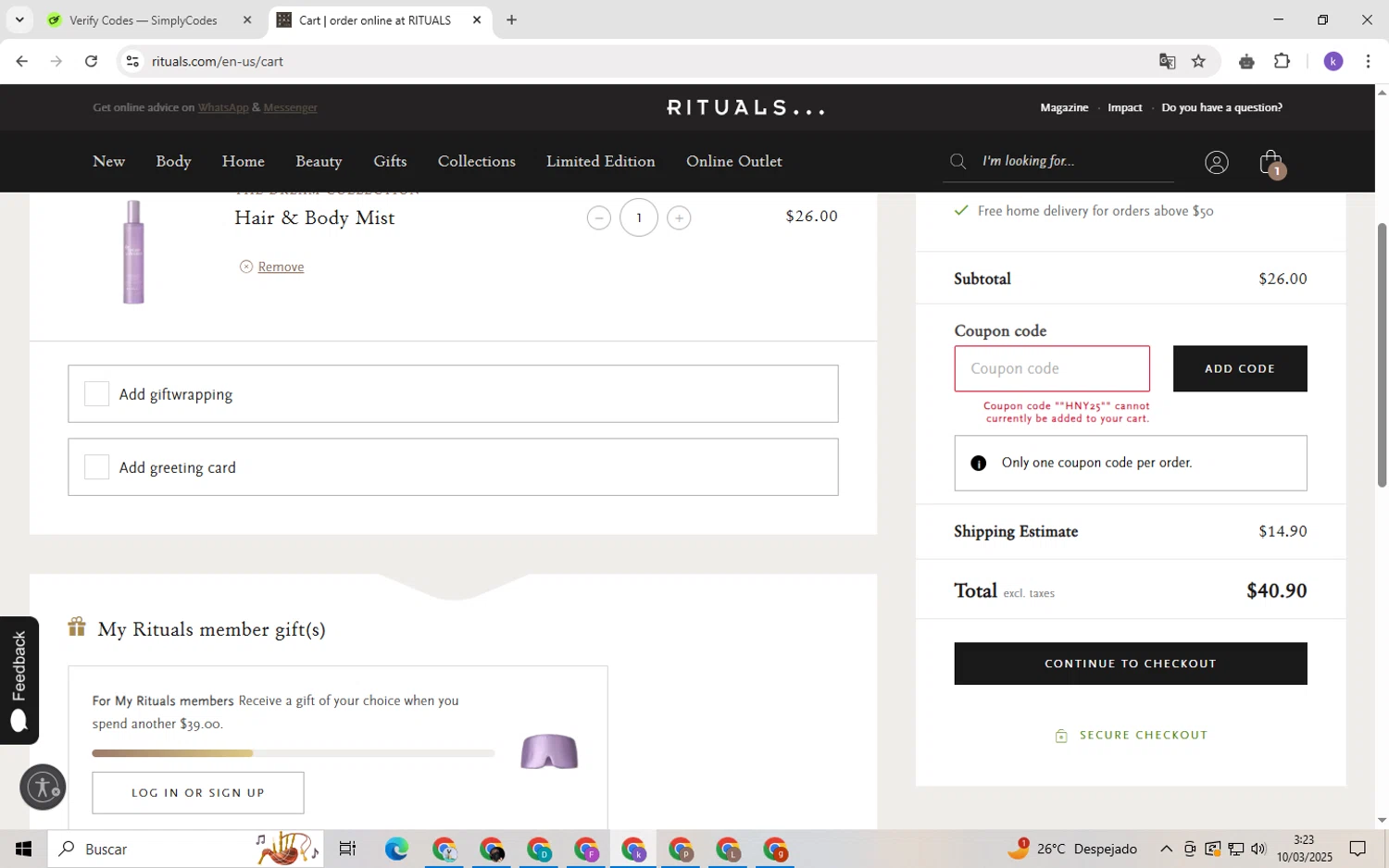 Rituals coupon code screenshot showing code HNY25 applied at Rituals checkout page. Uploaded by SimplyCodes community member NobleGenius1697 on Mar 10, 2025