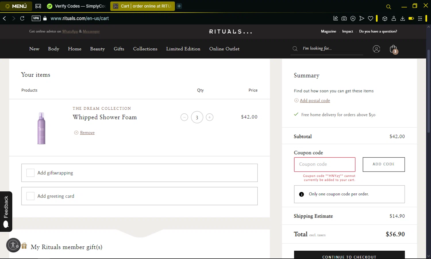 Rituals coupon code screenshot showing code HNY25 applied at Rituals checkout page. Uploaded by SimplyCodes community member omarelpollo on Mar 10, 2025