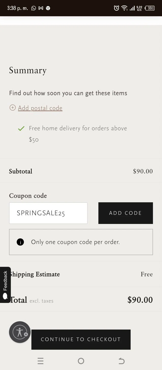 Rituals coupon code screenshot showing code SPRINGSALE25 applied at Rituals checkout page. Uploaded by SimplyCodes community member Pipina on Mar 28, 2025