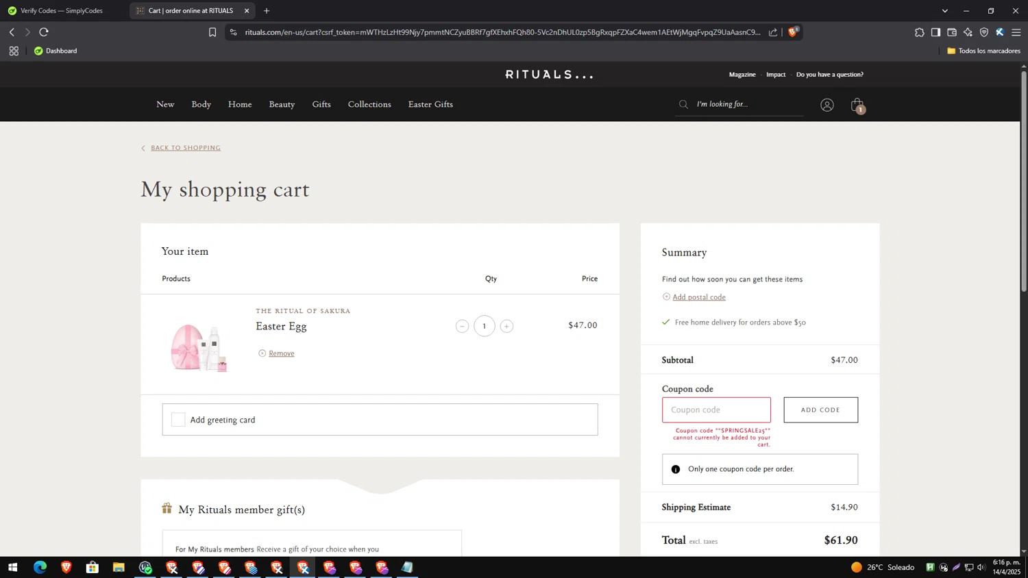 Rituals coupon code screenshot showing code SPRINGSALE25 applied at Rituals checkout page. Uploaded by SimplyCodes community member PrimeExpert2544 on Apr 14, 2025