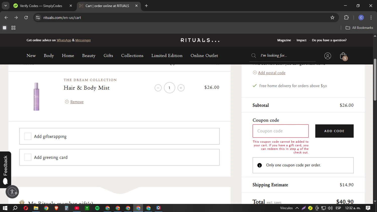 Rituals checkout page showing Rituals coupon code box | Screenshot taken by SimplyCodes community member on Mar 23, 2025