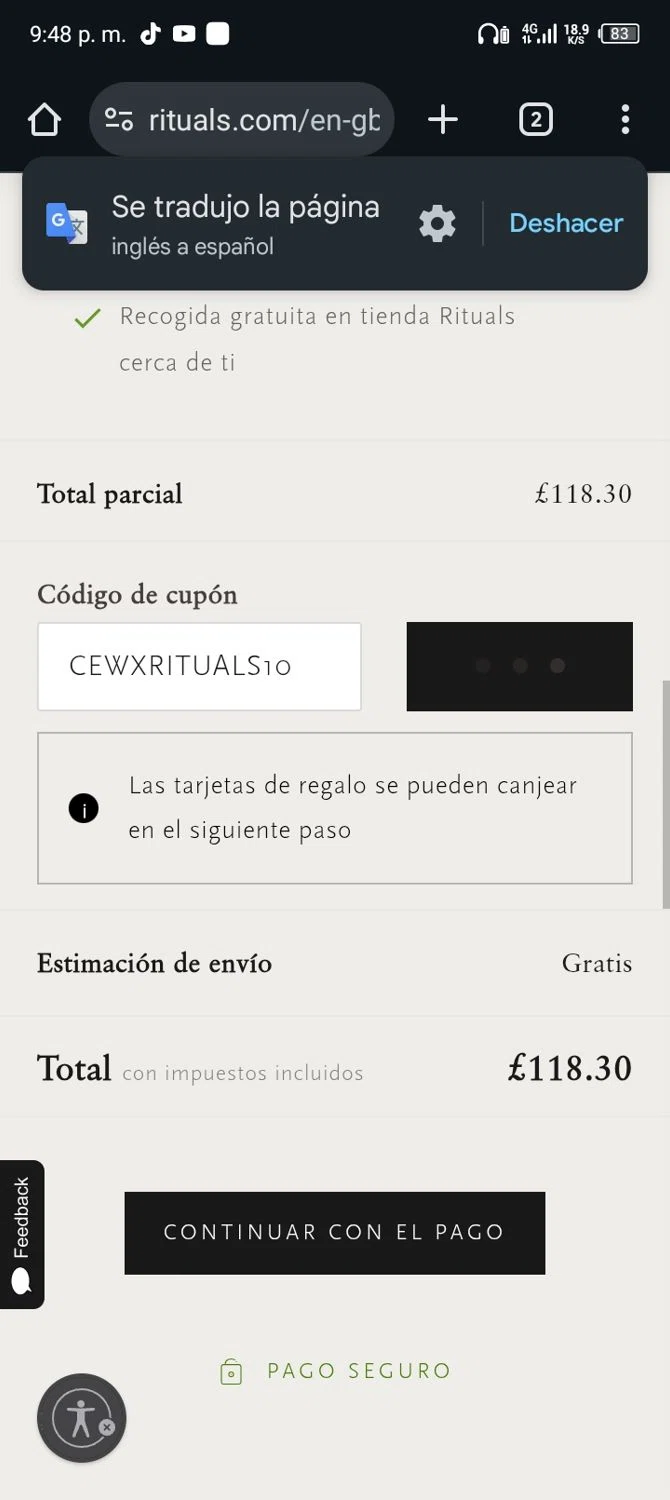 Rituals checkout page showing Rituals coupon code box | Screenshot taken by SimplyCodes community member on Sep 12, 2025