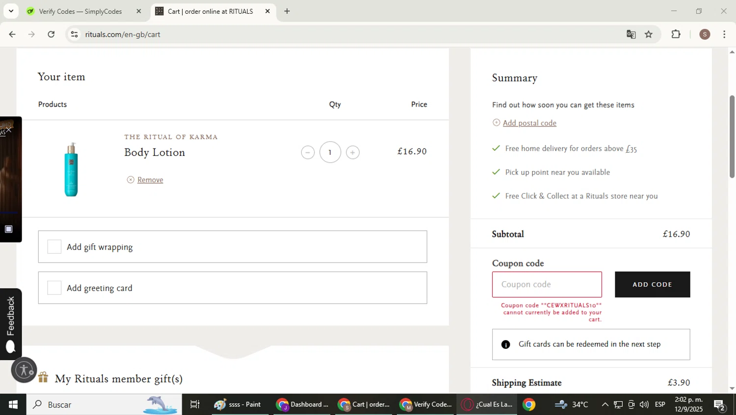 Rituals coupon code screenshot showing code CEWXRITUALS10 applied at Rituals checkout page. Uploaded by SimplyCodes community member WiseExpert2972 on Sep 12, 2025