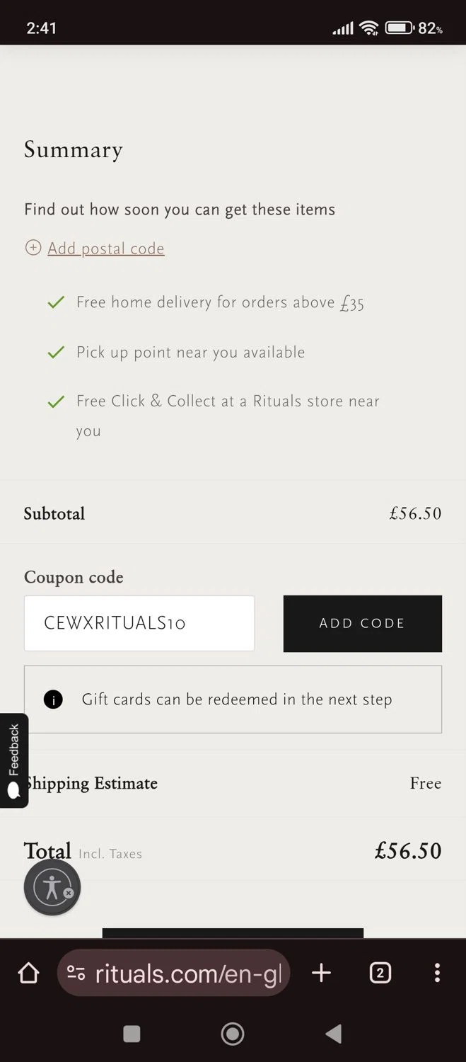 Rituals coupon code screenshot showing code CEWXRITUALS10 applied at Rituals checkout page. Uploaded by SimplyCodes community member carlacabrera1 on Sep 12, 2025