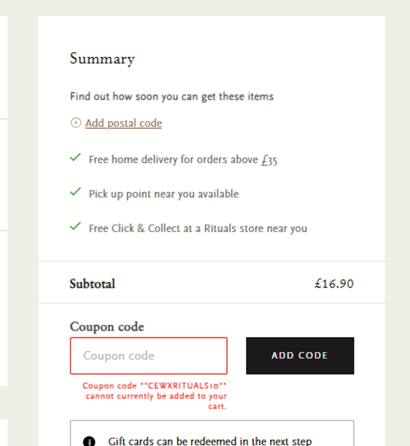 Rituals coupon code screenshot showing code CEWXRITUALS10 applied at Rituals checkout page. Uploaded by SimplyCodes community member mangoBajito1543 on Sep 12, 2025