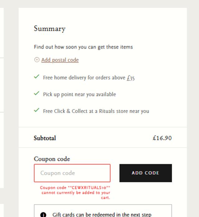 Rituals checkout page showing Rituals coupon code box | Screenshot taken by SimplyCodes community member on Sep 12, 2025