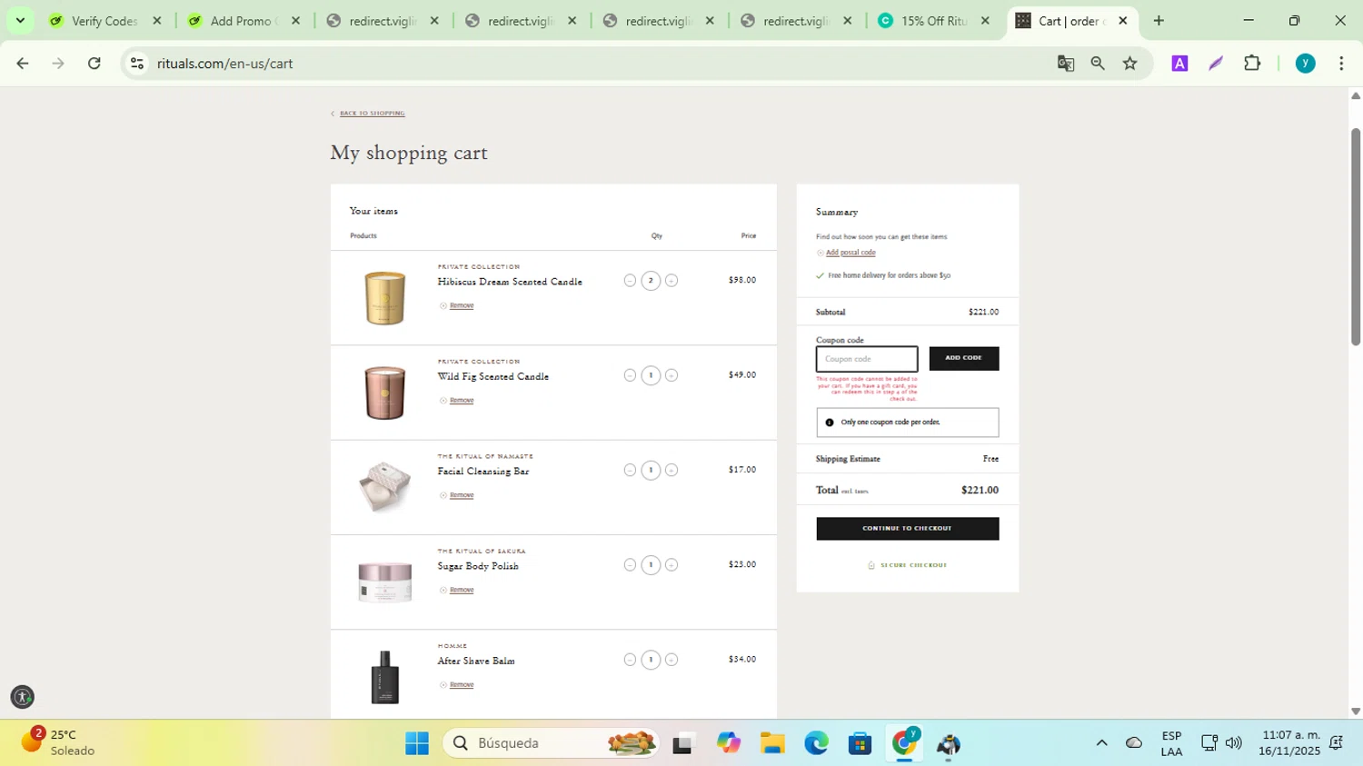 Rituals coupon code screenshot showing code OM24 applied at Rituals checkout page. Uploaded by SimplyCodes community member yadiracg074 on Nov 16, 2025