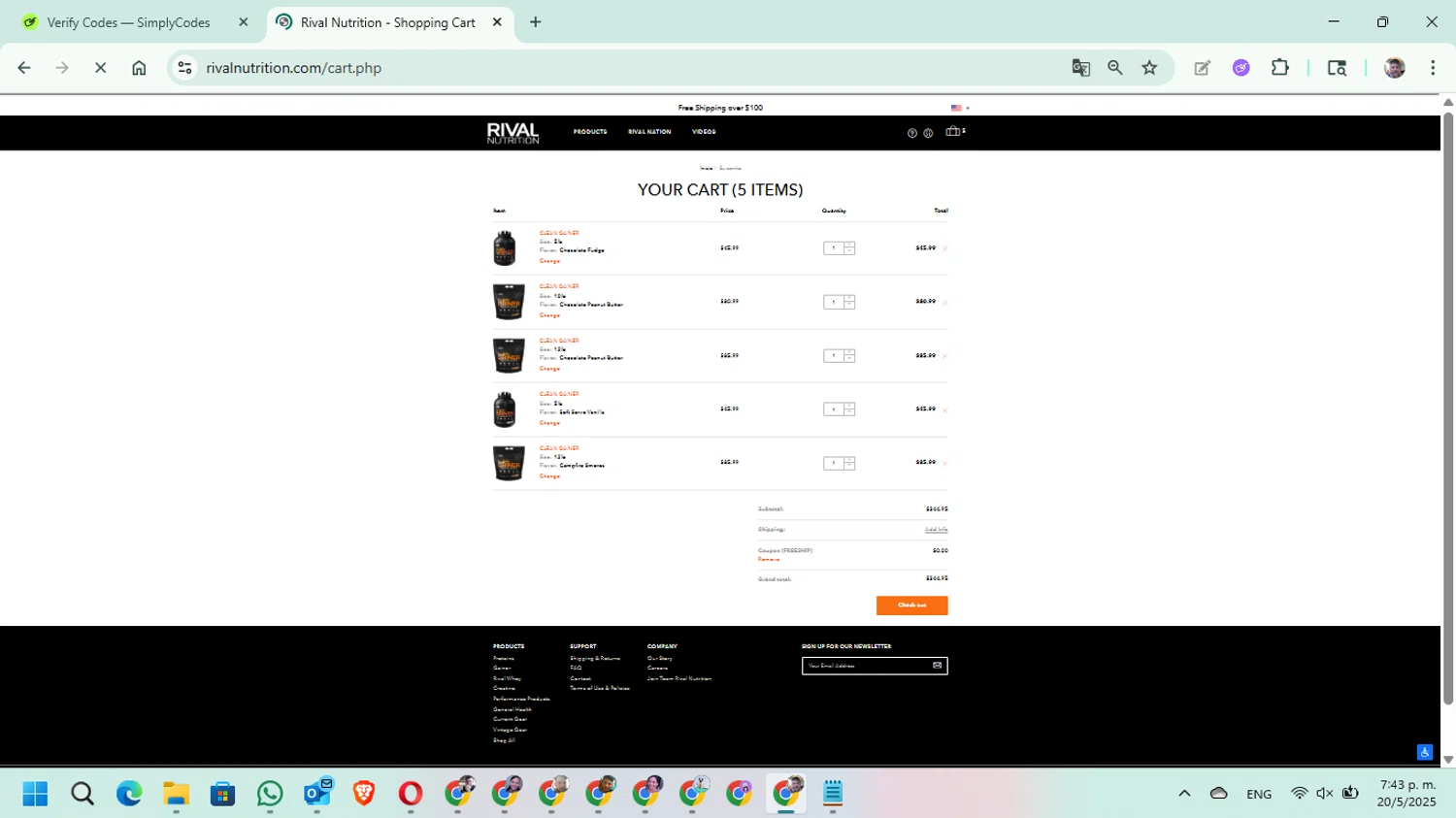 Rival Nutrition coupon code screenshot showing code FREESHIP applied at Rival Nutrition checkout page. Uploaded by SimplyCodes community member DavGutFig on May 20, 2025