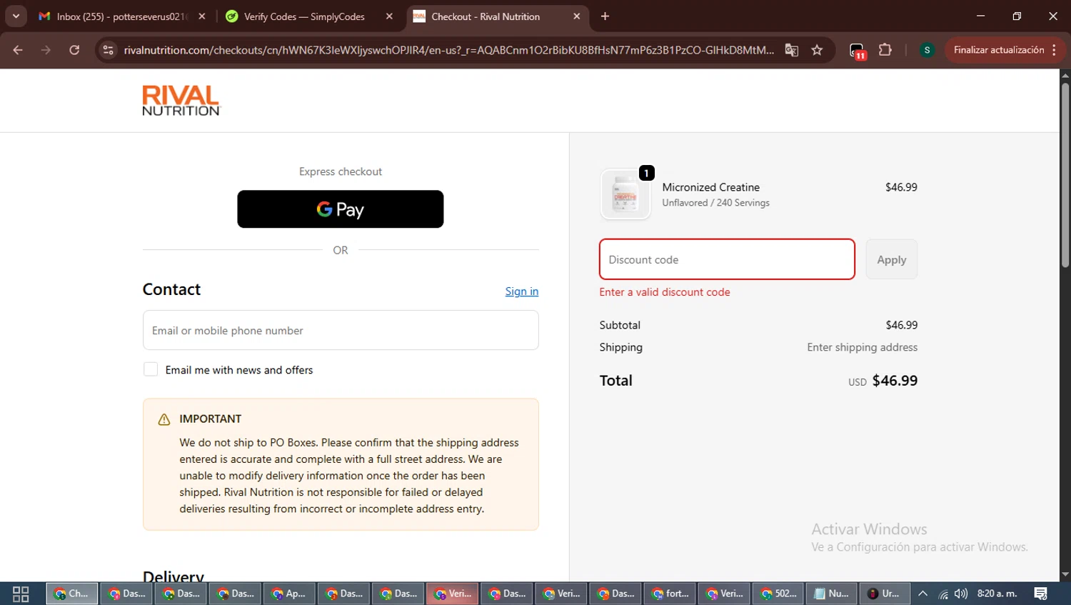 Rival Nutrition coupon code screenshot showing code FREESHIP applied at Rival Nutrition checkout page. Uploaded by SimplyCodes community member ShrewdAce7935 on Dec 6, 2025