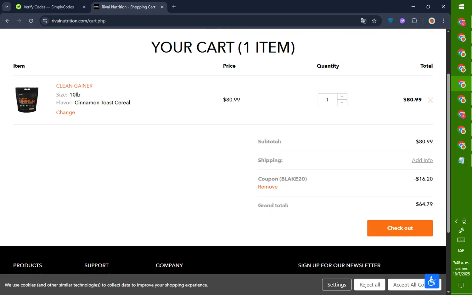 Rival Nutrition checkout page showing Rival Nutrition coupon code box | Screenshot taken by SimplyCodes community member on Jul 18, 2025