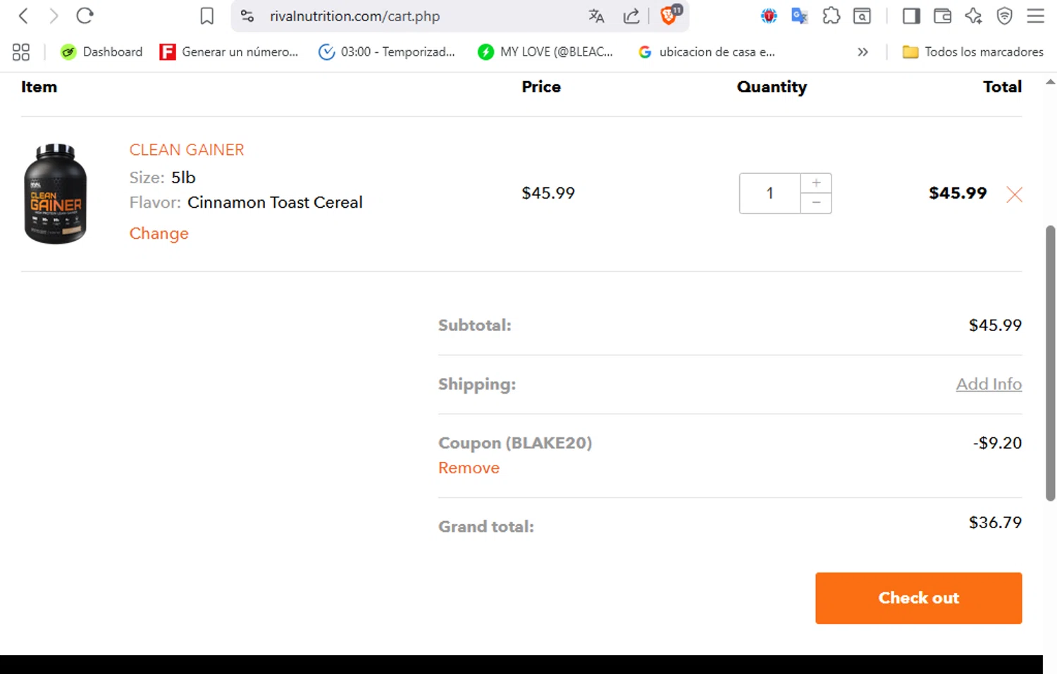 Rival Nutrition coupon code screenshot showing code Blake20 applied at Rival Nutrition checkout page. Uploaded by SimplyCodes community member VoucherFalcon3942 on Sep 14, 2025