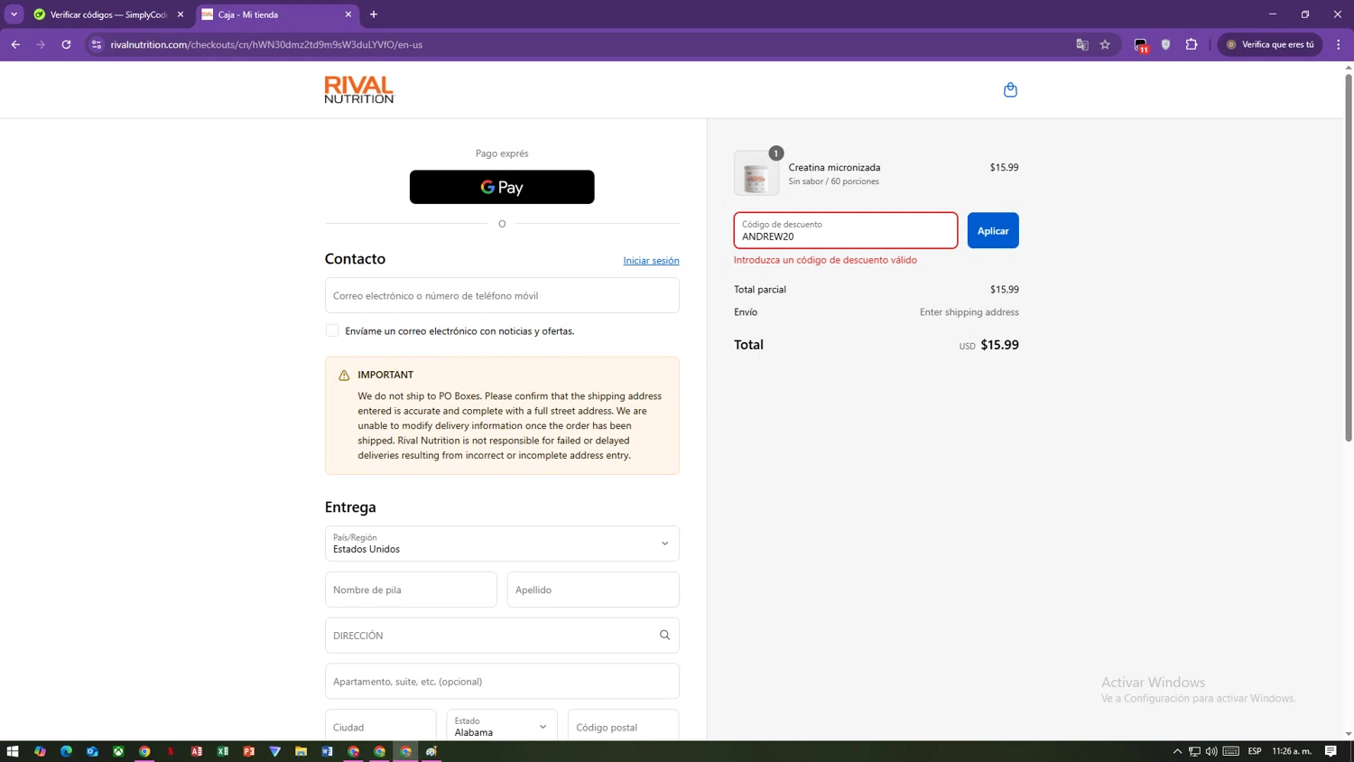 Rival Nutrition coupon code screenshot showing code ANDREW20 applied at Rival Nutrition checkout page. Uploaded by SimplyCodes community member CHITO777 on Sep 15, 2025
