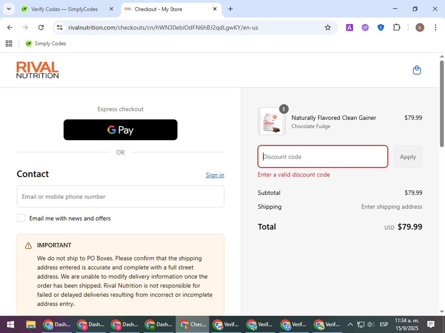 Rival Nutrition coupon code screenshot showing code ANDREW20 applied at Rival Nutrition checkout page. Uploaded by SimplyCodes community member RewardRanger298 on Sep 15, 2025