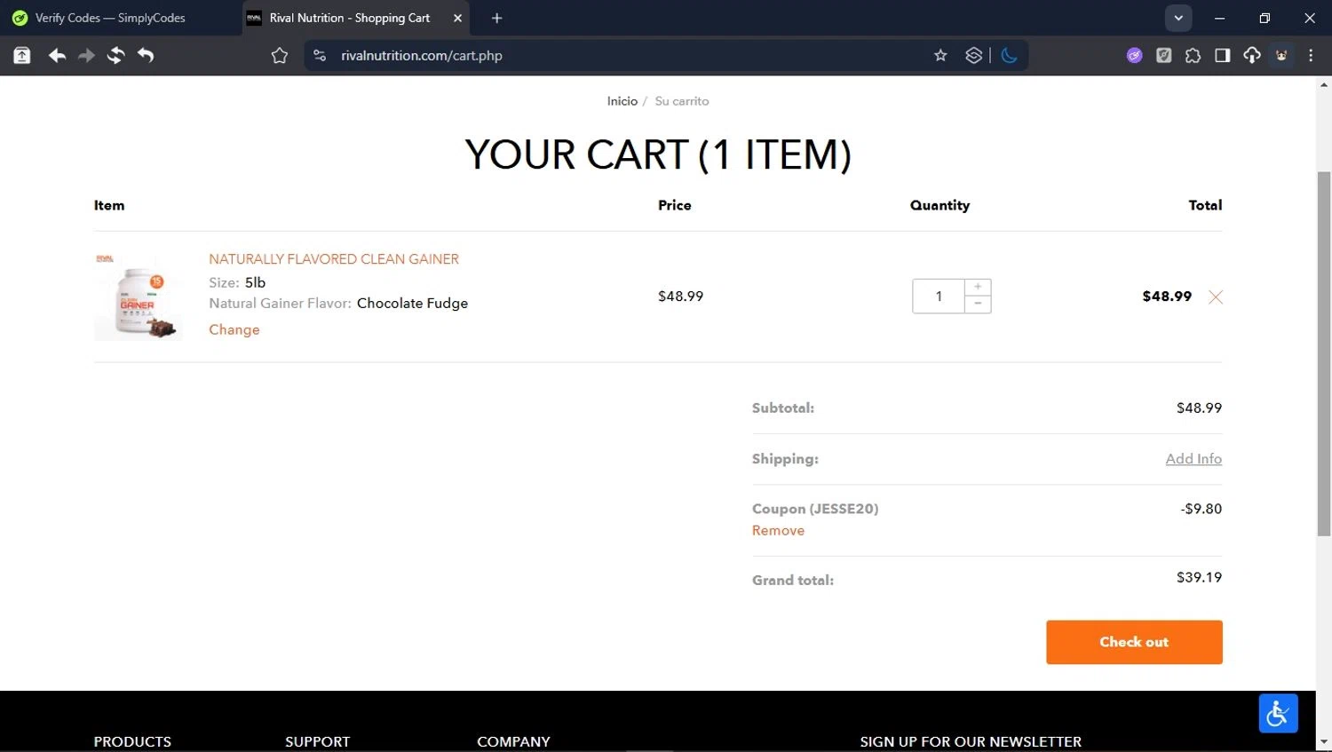 Rival Nutrition coupon code screenshot showing code JESSE20 applied at Rival Nutrition checkout page. Uploaded by SimplyCodes community member CleverPioneer8971 on Aug 26, 2025