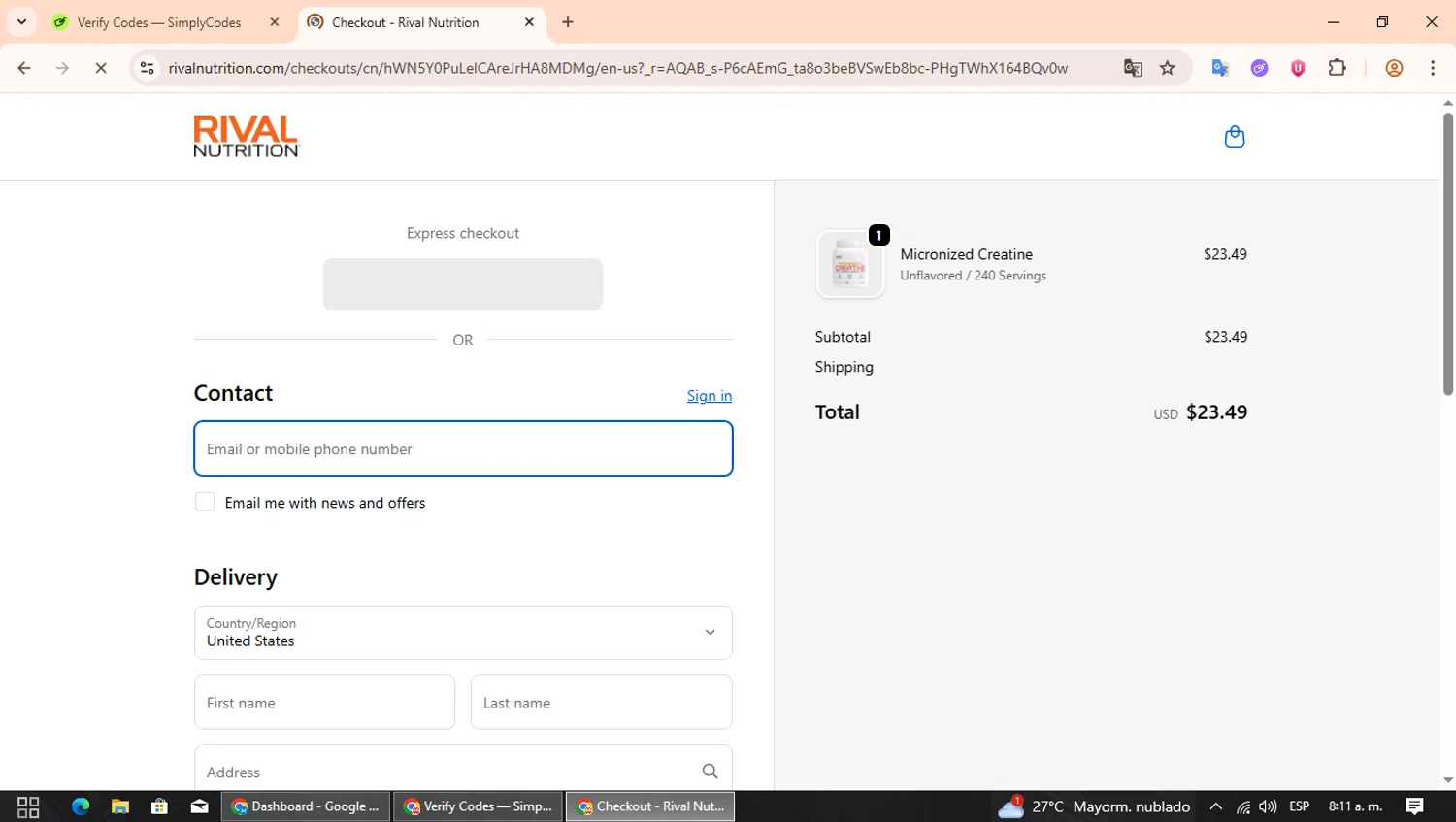 Rival Nutrition coupon code screenshot showing code JESSE20 applied at Rival Nutrition checkout page. Uploaded by SimplyCodes community member MagnificentWizard8353 on Nov 21, 2025