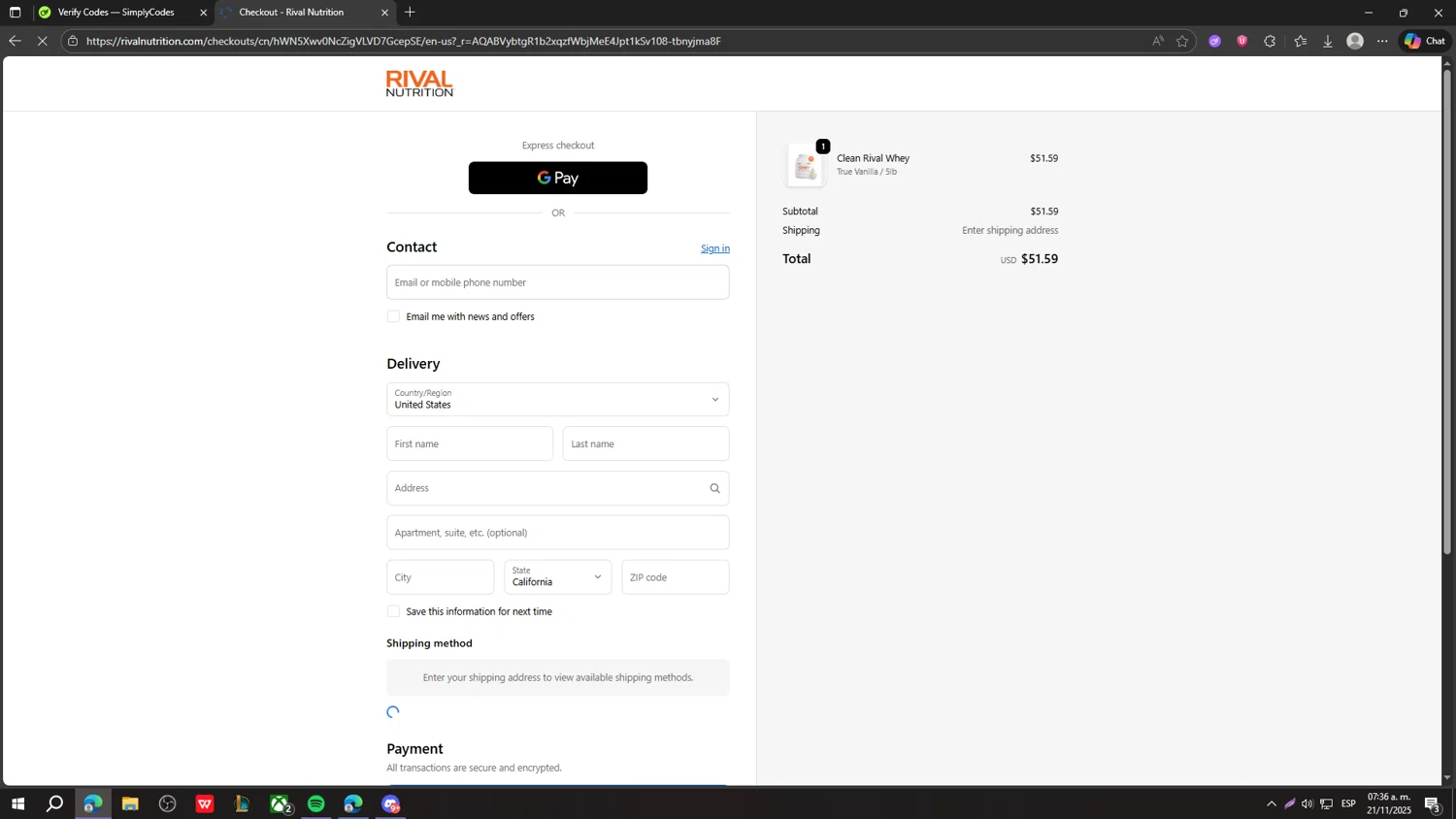 Rival Nutrition coupon code screenshot showing code JESSE20 applied at Rival Nutrition checkout page. Uploaded by SimplyCodes community member fjkdjkldsf on Nov 21, 2025