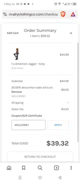 WELCOME1 coupon verification screenshot