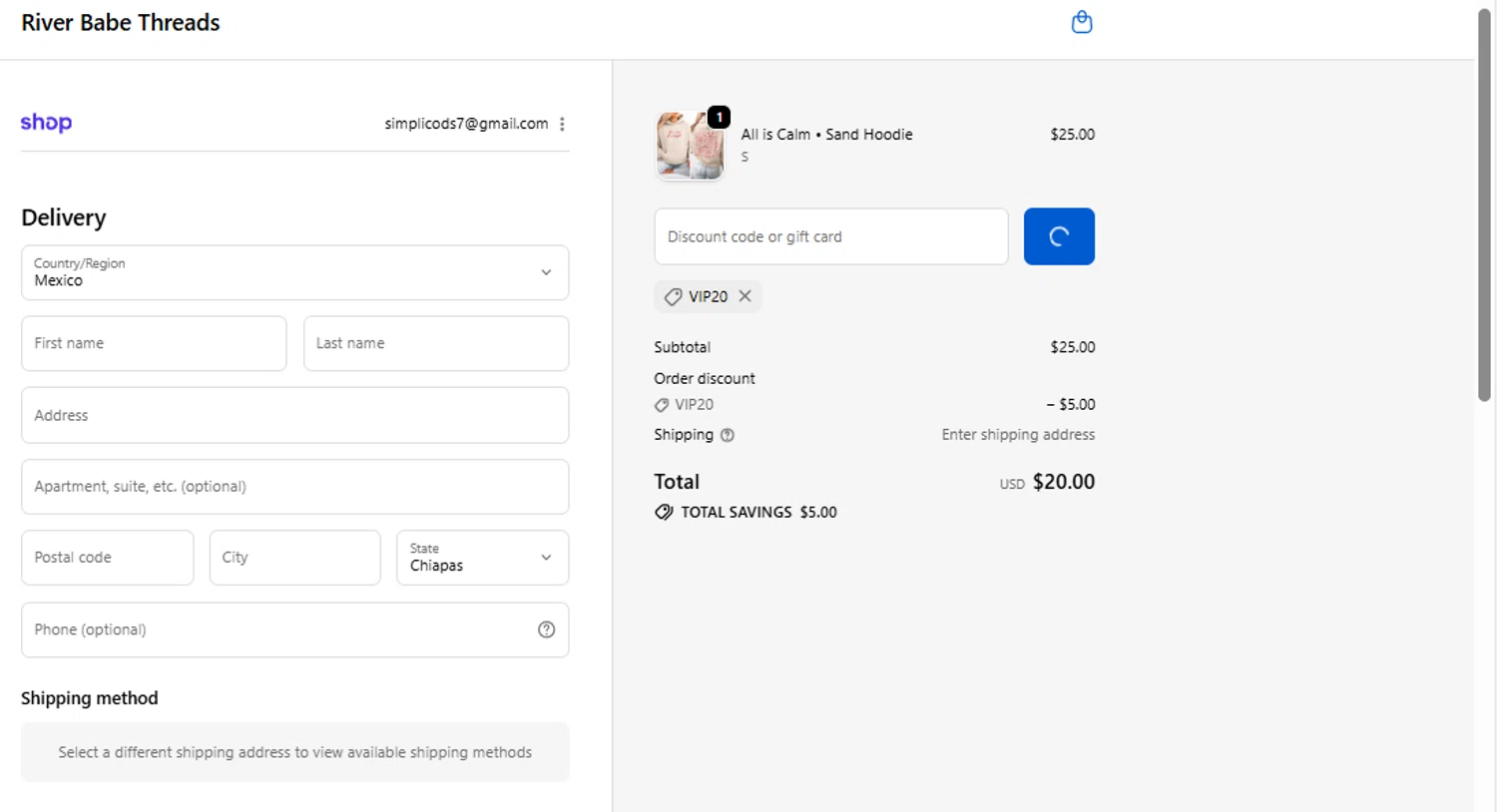 River Babe promo code screenshot showing code VIP20 applied at River Babe checkout page. Uploaded by SimplyCodes community member fhddfhfdhwert on Nov 29, 2025
