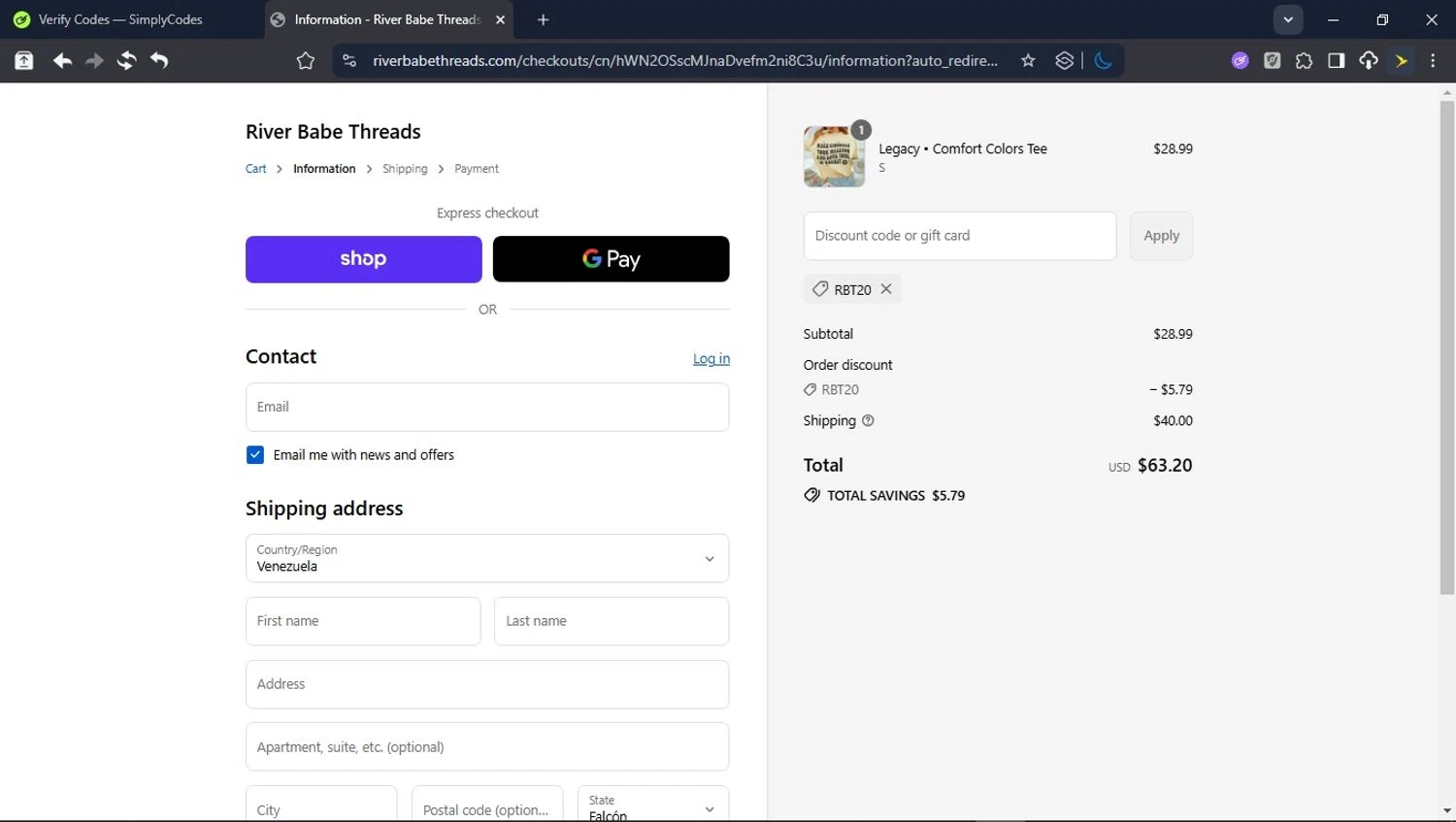 River Babe promo code screenshot showing code RBT20 applied at River Babe checkout page. Uploaded by SimplyCodes community member DealVirtuoso2241 on Aug 30, 2025