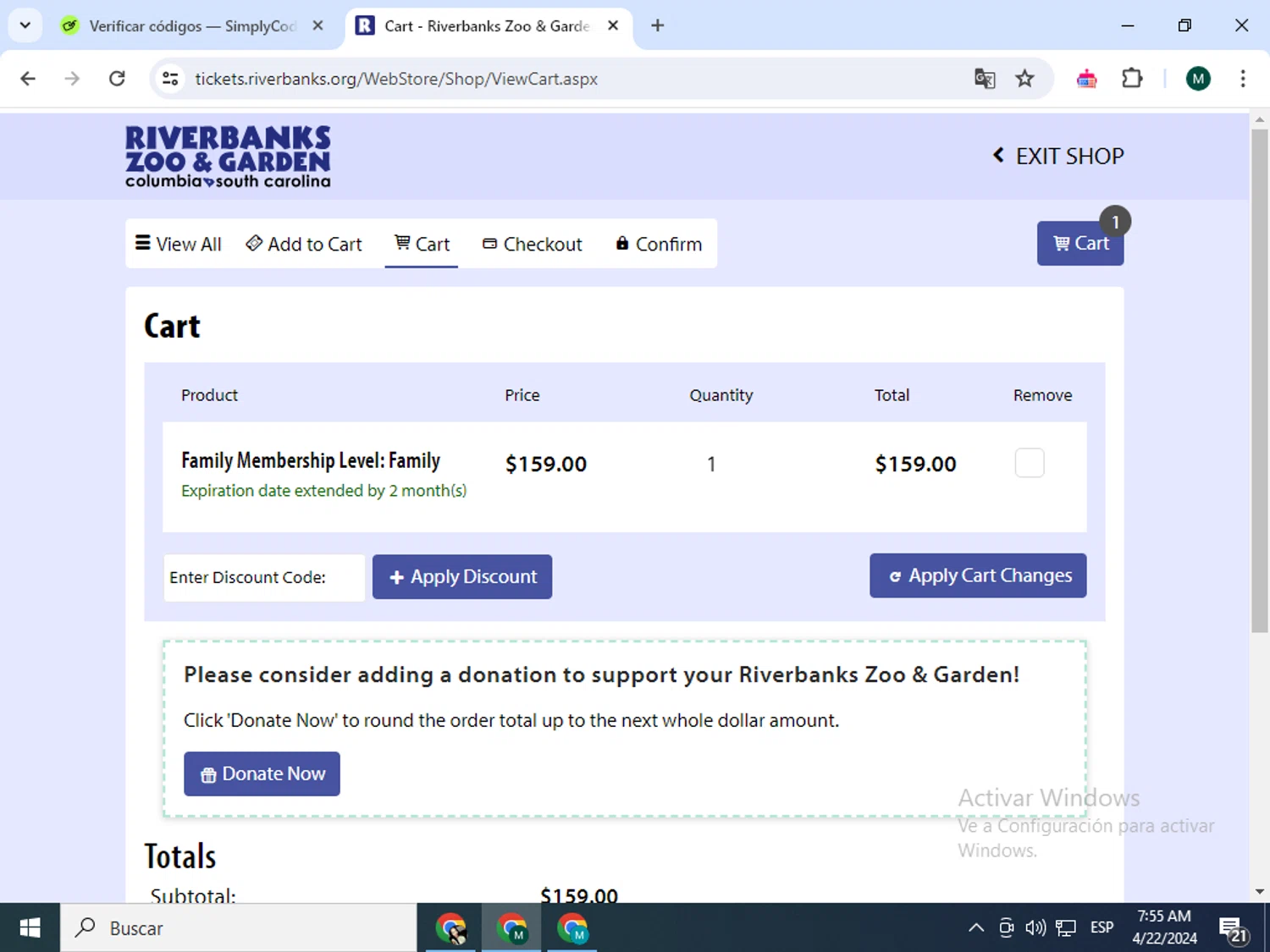 Riverbanks Zoo & Garden checkout page showing Riverbanks Zoo & Garden promo code box | Screenshot taken by SimplyCodes community member on Apr 22, 2024