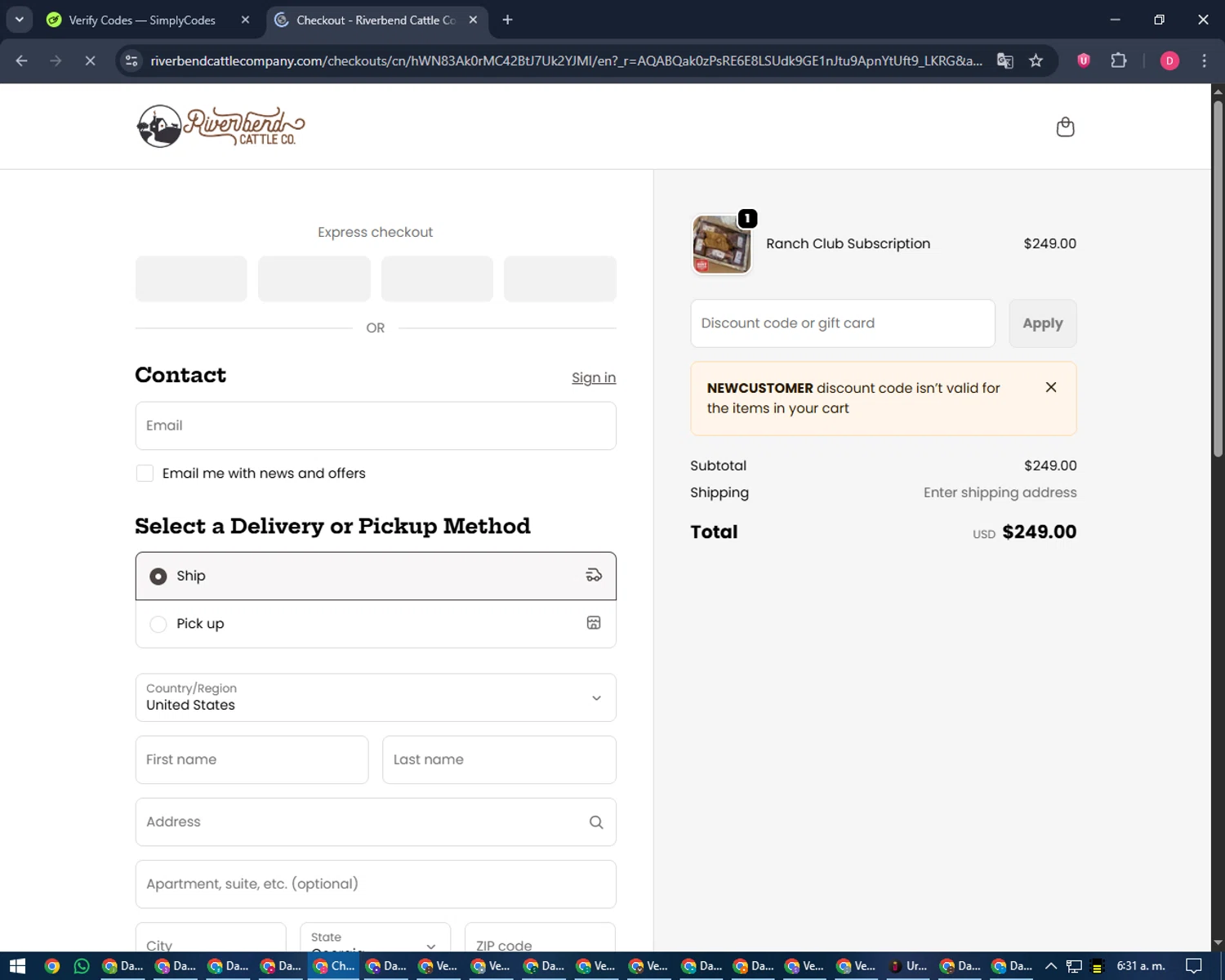 Riverbend Ranch checkout page showing Riverbend Ranch promo code box | Screenshot taken by SimplyCodes community member on Jan 26, 2026