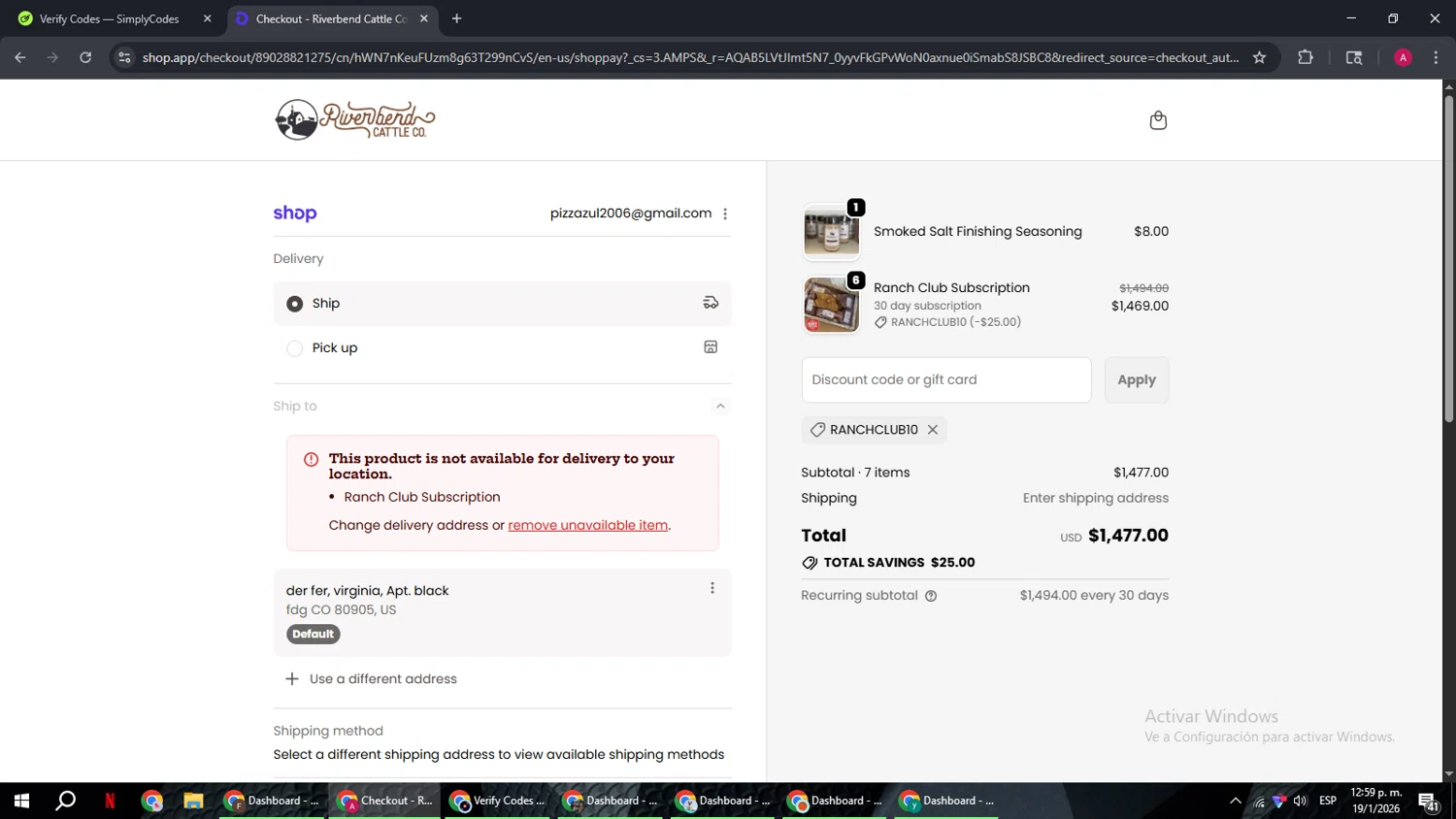 Riverbend Ranch promo code screenshot showing code RANCHCLUB10 applied at Riverbend Ranch checkout page. Uploaded by SimplyCodes community member BMWGS1200 on Jan 19, 2026