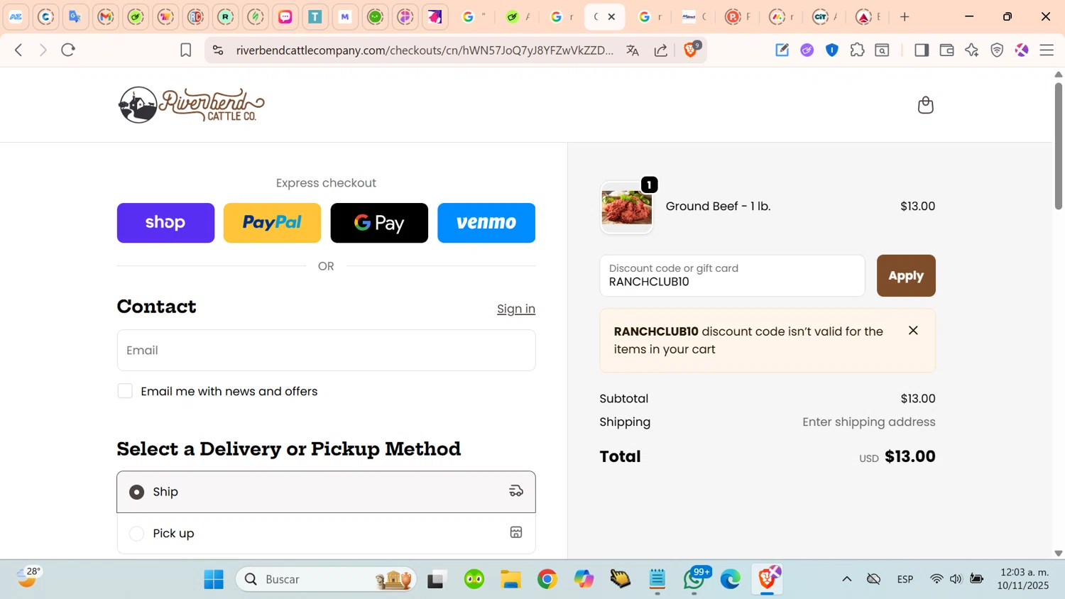 Riverbend Ranch promo code screenshot showing code RANCHCLUB10 applied at Riverbend Ranch checkout page. Uploaded by SimplyCodes community member cosita on Nov 10, 2025