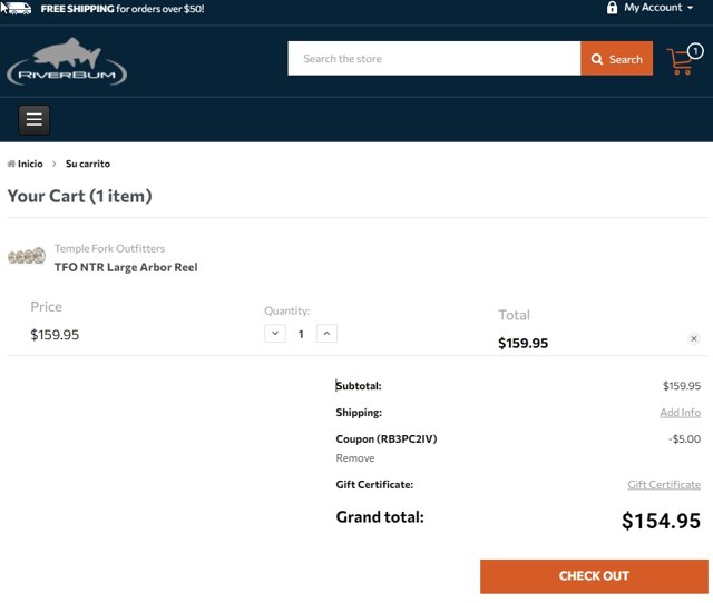 RiverBum checkout page showing RiverBum coupon code box | Screenshot taken by SimplyCodes community member on May 12, 2022