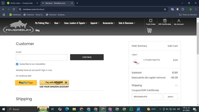 RiverBum checkout page showing RiverBum coupon code box | Screenshot taken by SimplyCodes community member on Jan 6, 2025