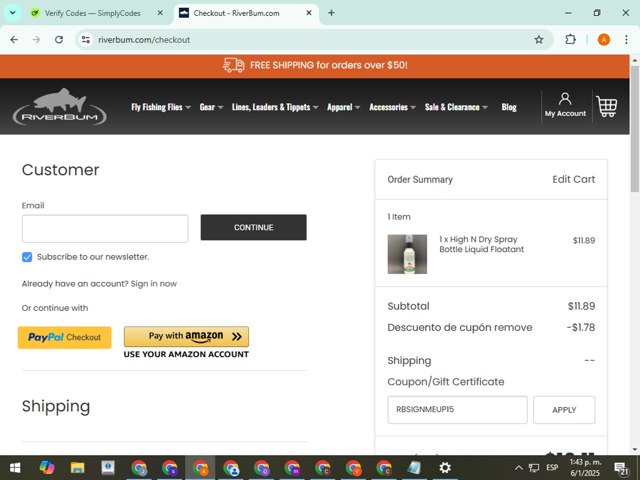 RiverBum checkout page showing RiverBum coupon code box | Screenshot taken by SimplyCodes community member on Jan 6, 2025