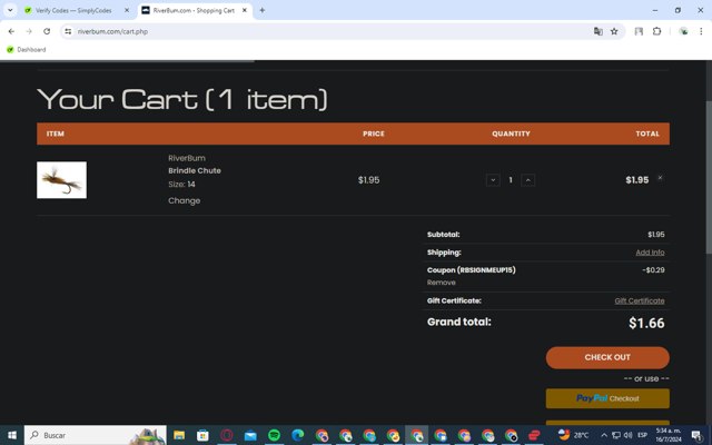 RiverBum checkout page showing RiverBum coupon code box | Screenshot taken by SimplyCodes community member on Jul 16, 2024