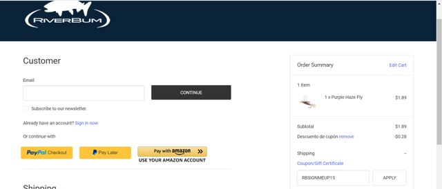 RiverBum checkout page showing RiverBum coupon code box | Screenshot taken by SimplyCodes community member on Jun 7, 2024
