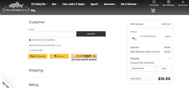 RiverBum checkout page showing RiverBum coupon code box | Screenshot taken by SimplyCodes community member on May 16, 2025