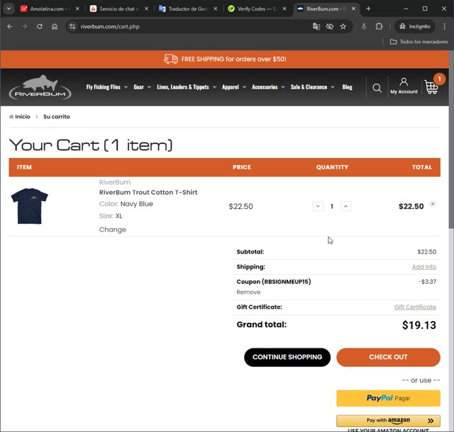 RiverBum checkout page showing RiverBum coupon code box | Screenshot taken by SimplyCodes community member on Oct 9, 2024