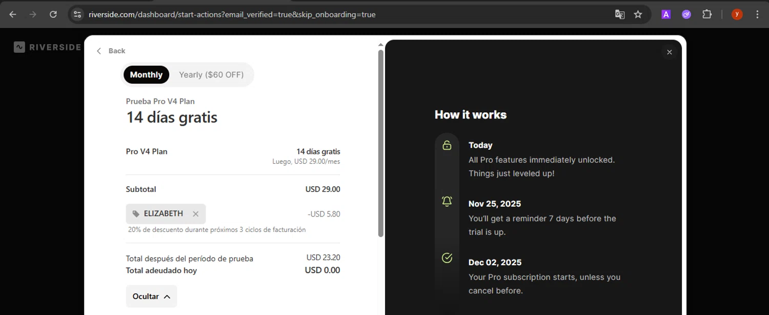 Riverside promo code screenshot showing code ELIZABETH applied at Riverside checkout page. Uploaded by SimplyCodes community member CrownTiger7501 on Nov 18, 2025