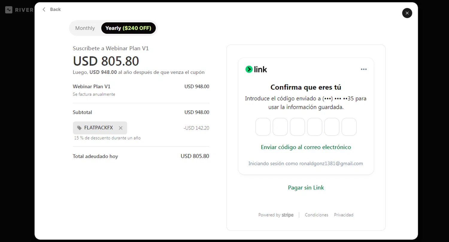 Riverside promo code screenshot showing code FLATPACKFX applied at Riverside checkout page. Uploaded by SimplyCodes community member Gonzalez010203 on Nov 18, 2025