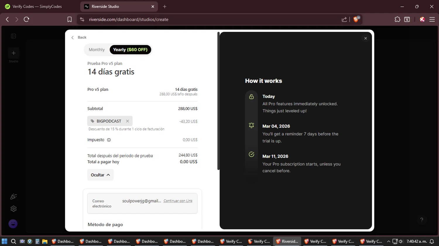 Riverside promo code screenshot showing code BIGPODCAST applied at Riverside checkout page. Uploaded by SimplyCodes community member Shizuku on Feb 25, 2026
