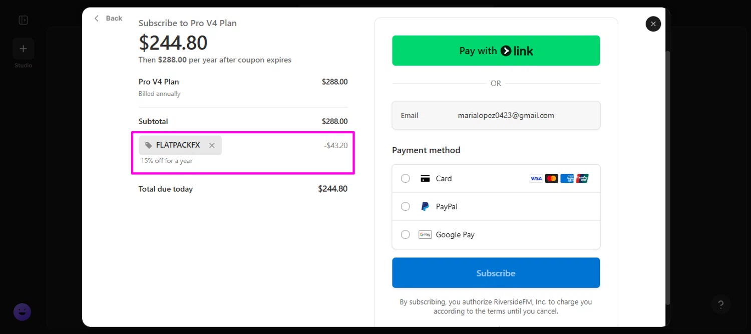 Riverside promo code screenshot showing code FLATPACKFX applied at Riverside checkout page. Uploaded by SimplyCodes community member mrdarcy on Nov 18, 2025