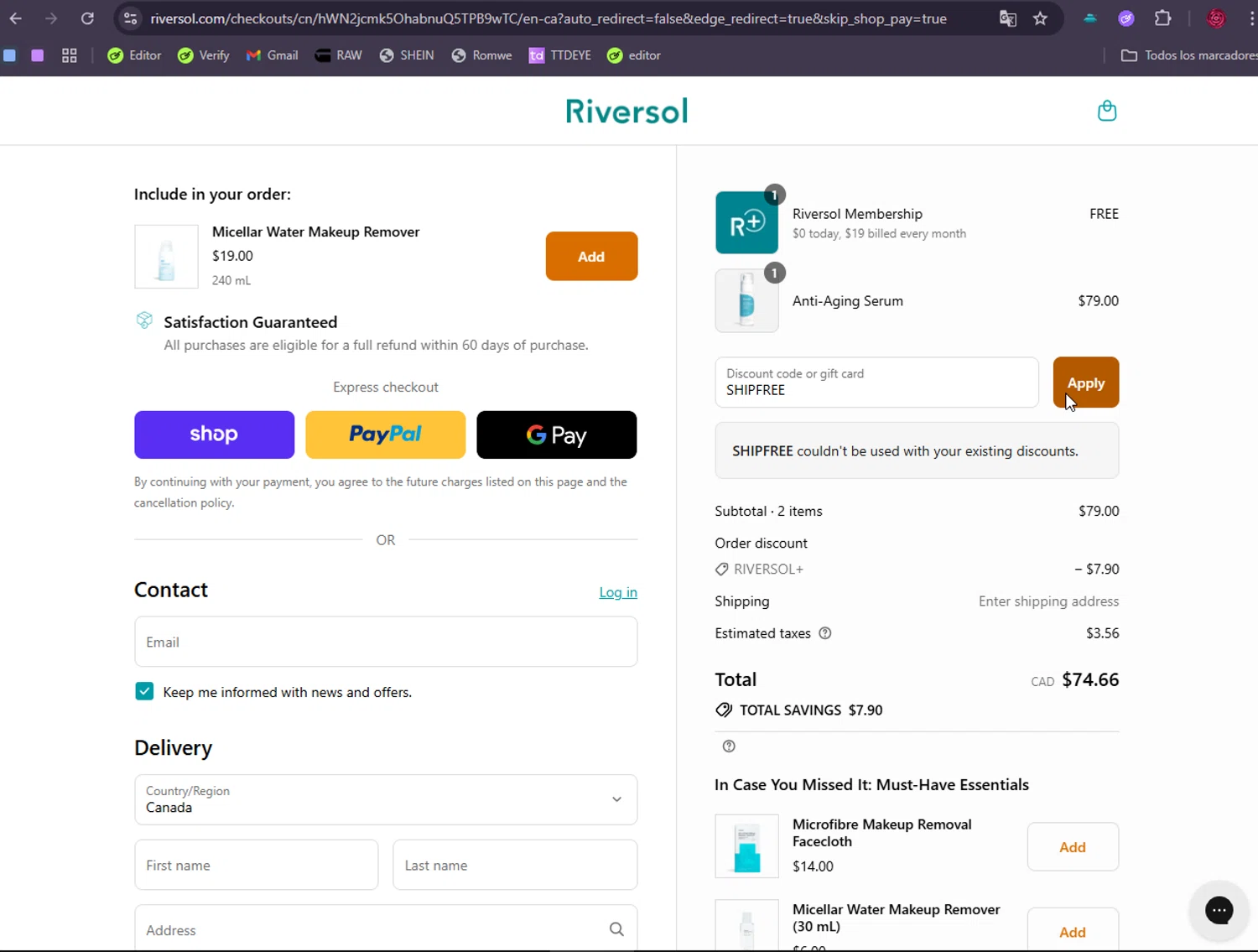 Riversol coupon code screenshot showing code SHIPFREE applied at Riversol checkout page. Uploaded by SimplyCodes community member Hyupat on Sep 8, 2025
