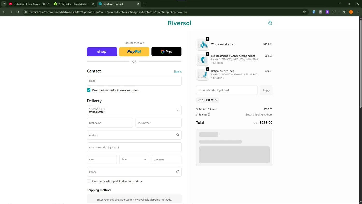 Riversol coupon code screenshot showing code SHIPFREE applied at Riversol checkout page. Uploaded by SimplyCodes community member ShrewdCaptain9911 on Oct 27, 2025