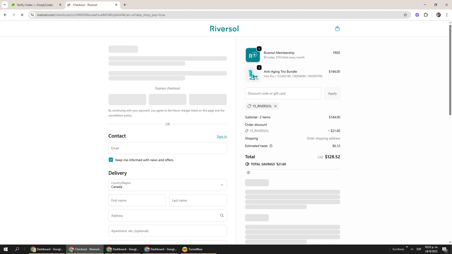 Riversol coupon code screenshot showing code 15_Riversol applied at Riversol checkout page. Uploaded by SimplyCodes community member Levi_Ackerman on Sep 25, 2025