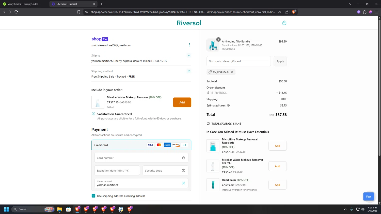 Riversol coupon code screenshot showing code 15_Riversol applied at Riversol checkout page. Uploaded by SimplyCodes community member INSECTOS on Jul 1, 2025